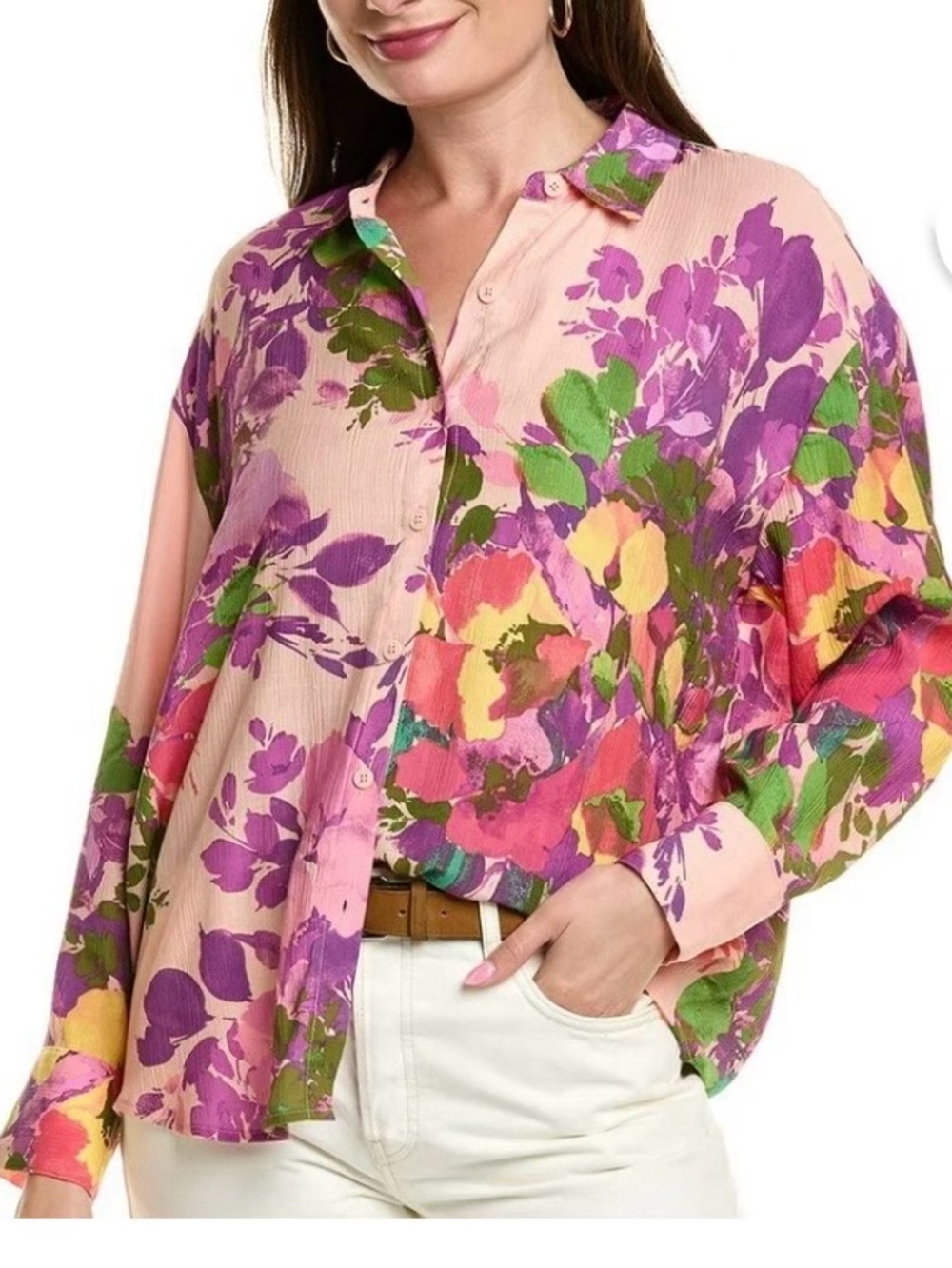 Nicole Miller Women’s Floral Print Long Sleeve Button-Up Blouse - Pink Size M
